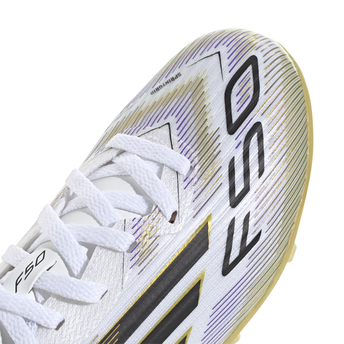 adidas Junior F50 League FG Firm Ground Cleats- Ftwr White/Core Black/Gold Met