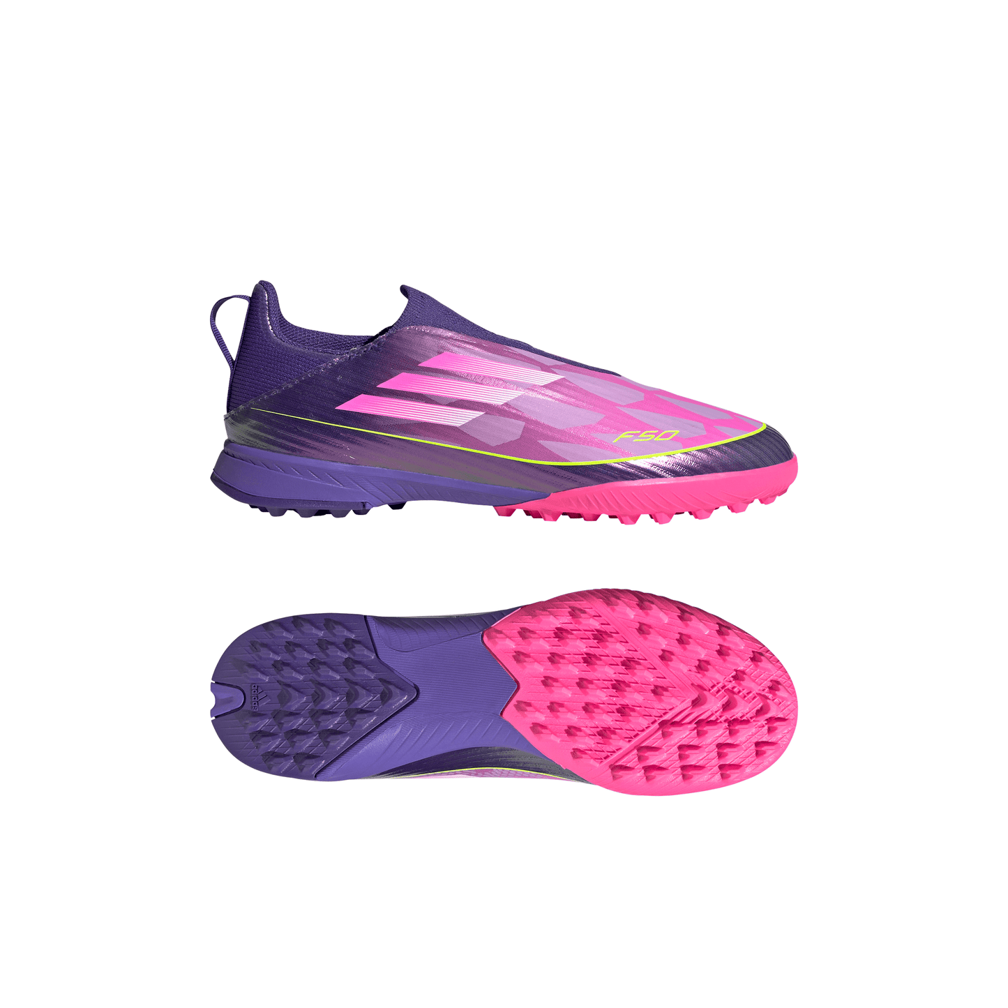 adidas Junior F50 League LY Lamine Yamal TF Turf Soccer Shoes - Purple / Unity purple/ FTwr white/ Lucid Lemon